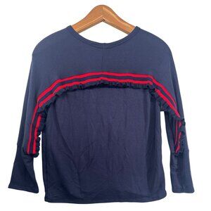 Vintage Havana Women Top Sz XL Navy/Red Striped Ruffled Stretch Knit Made in USA